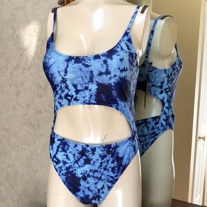 New Meyeeka women’s one piece cut out swimsuit. Size L.  Blue tie dye.